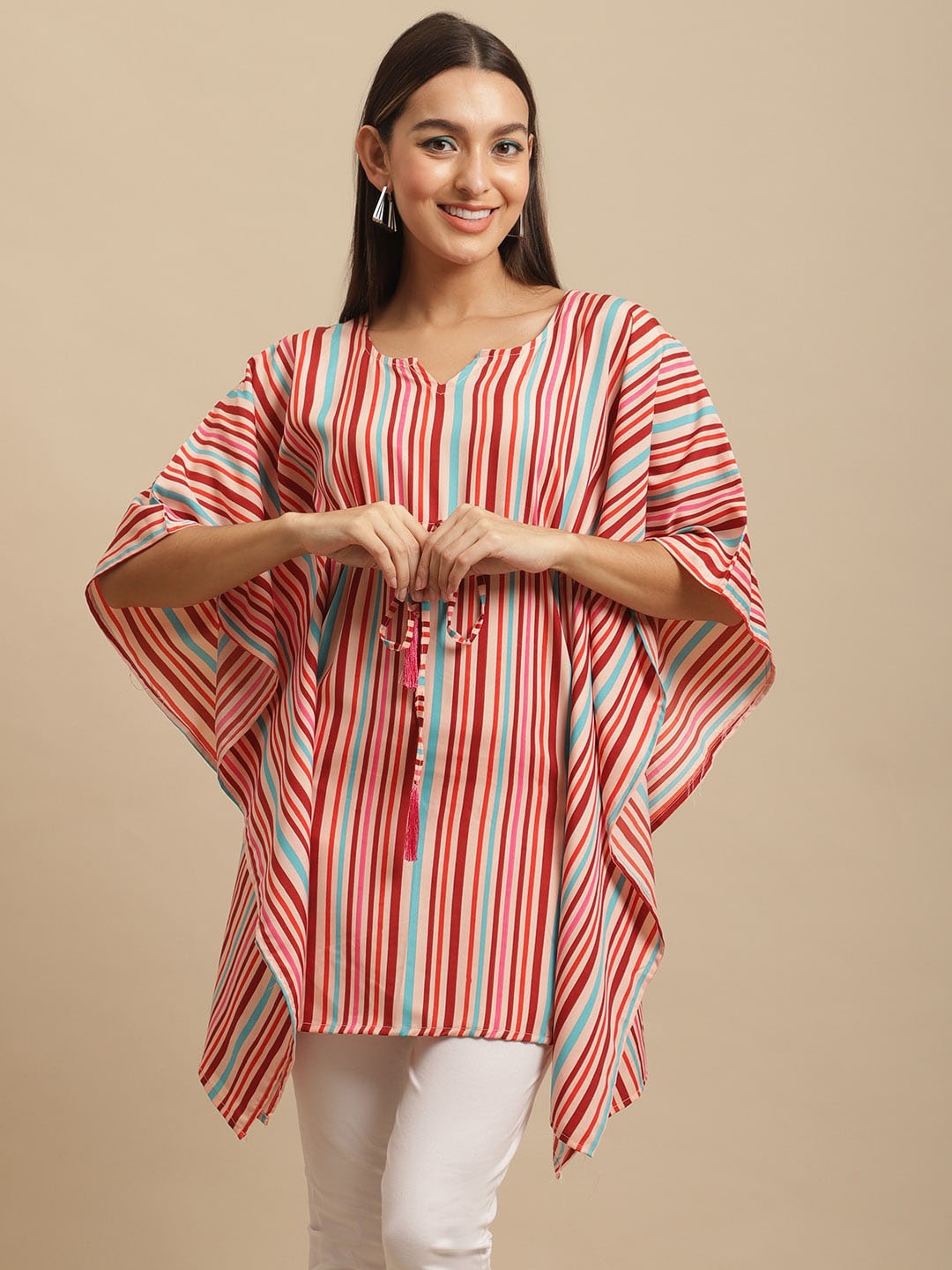 

Fabflee Women Striped Printed Tie-Ups Detail Kaftan Top, Beige