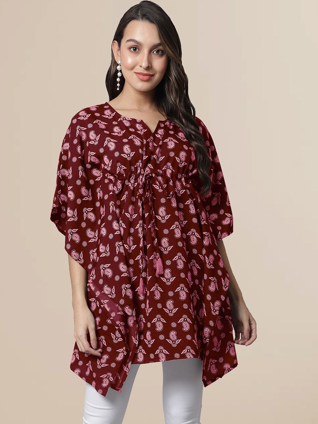 

Fabflee Women Floral Print Crepe Longline Kaftan Top, Red
