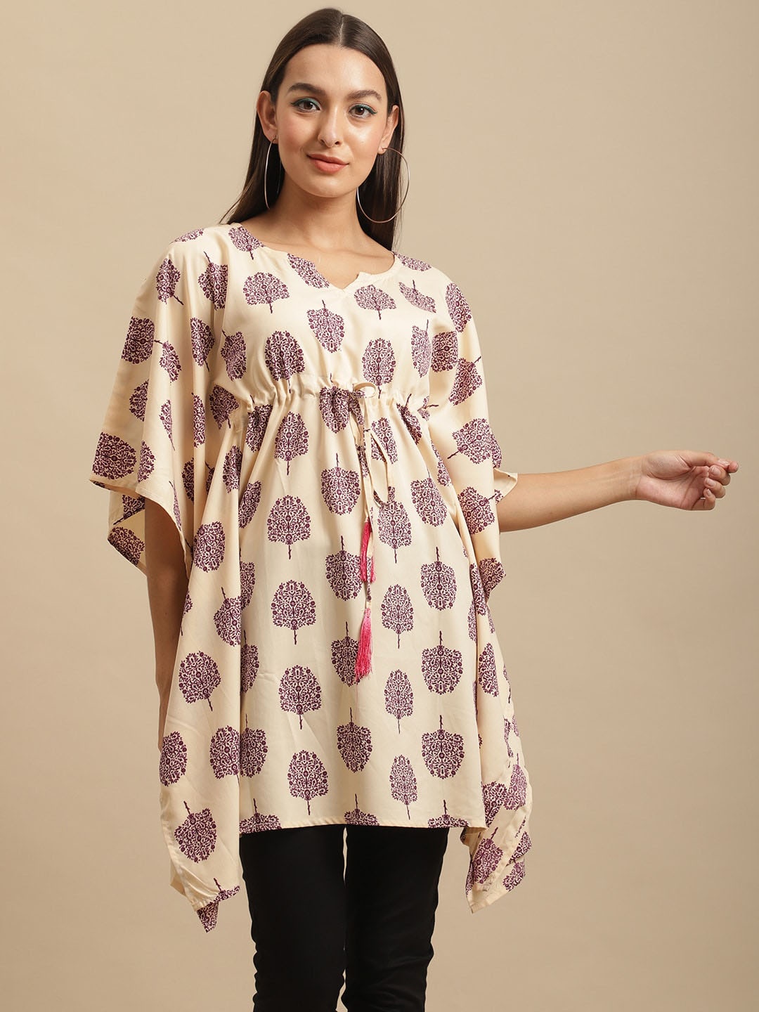 

Fabflee Women Ethnic Print Tie-Ups Detail Kaftan Top, Beige