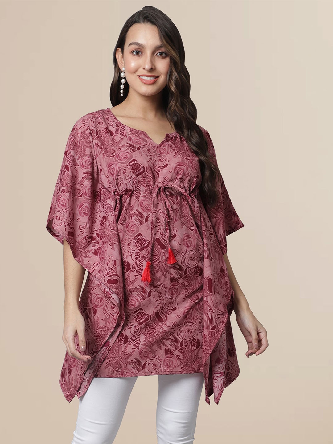 

Fabflee Women Floral Print Kaftan Crepe Longline Top, Red