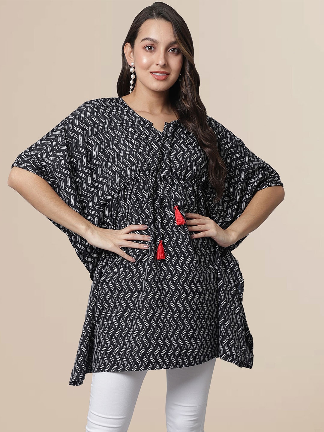 

Fabflee Women Stylish Floral Print Kaftan Crepe Longline Top, Black