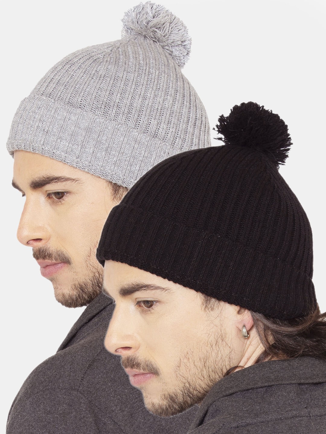 

Bharatasya Men Pack of 2 PomPom Beanie, Grey