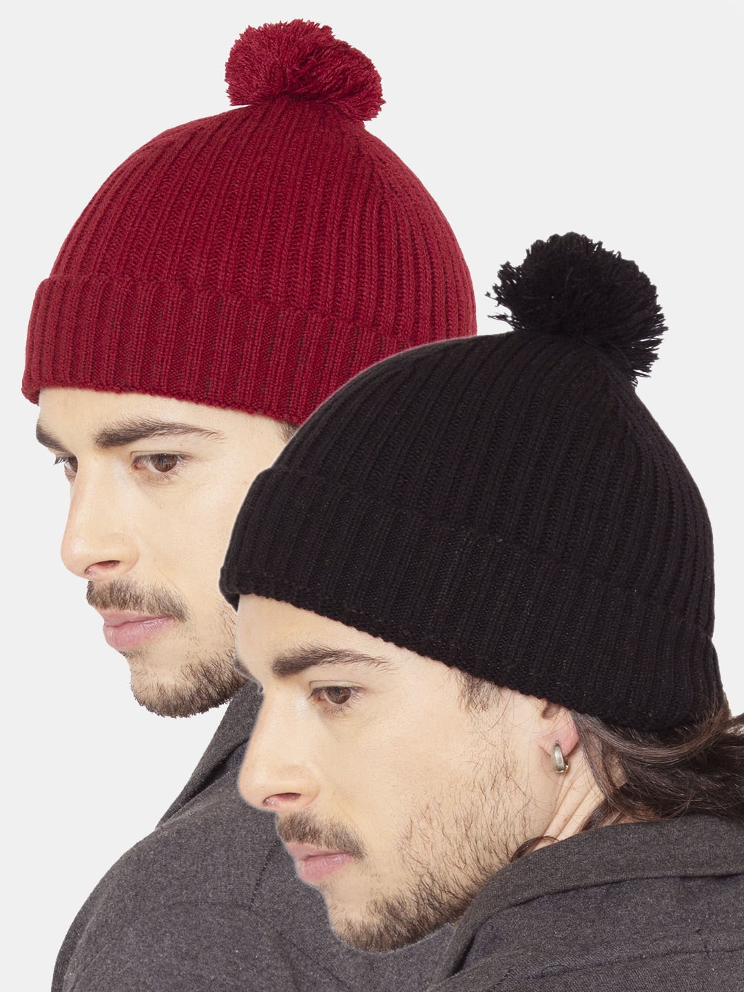 

Bharatasya Men Pack of 2 PomPom Beanie, Maroon