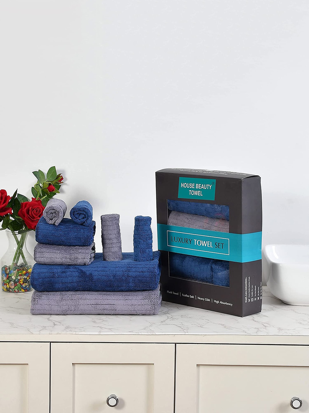 

Bajo's Set Of 8 Navy Blue & Grey Striped 350 GSM Microfibre Towel Set