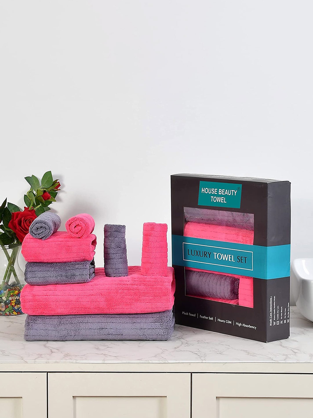 

Bajo's Set Of 8 Pink & Purple 350 GSM Terry Cotton Towel Set