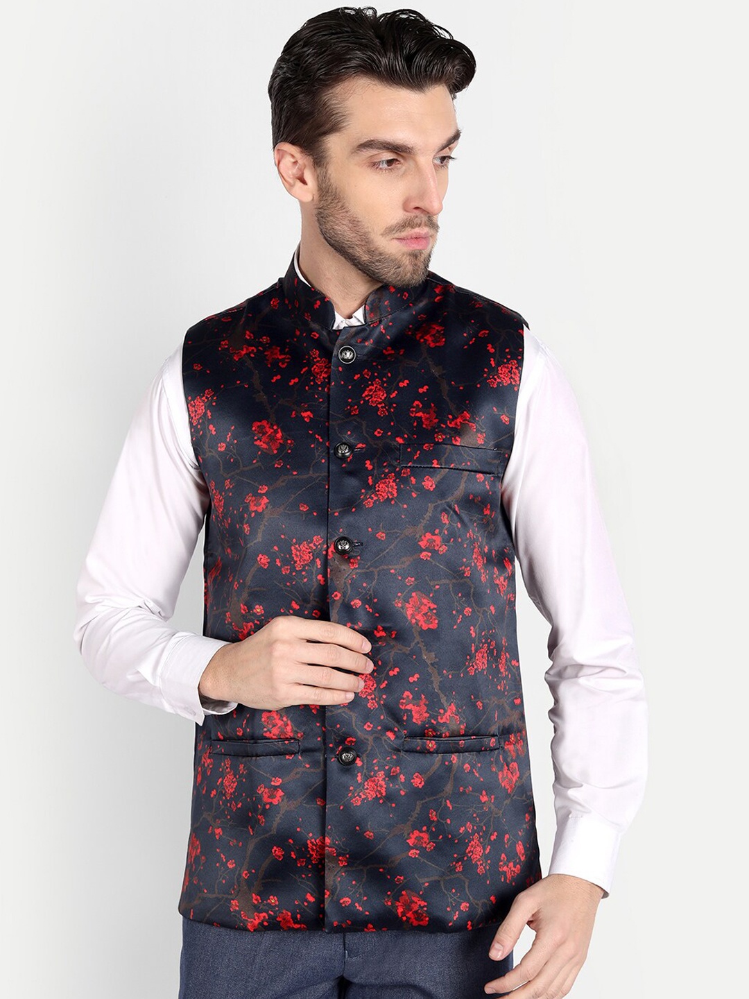 Vandnam Fabrics Men Floral Printed Nehru Jacket, Navy blue