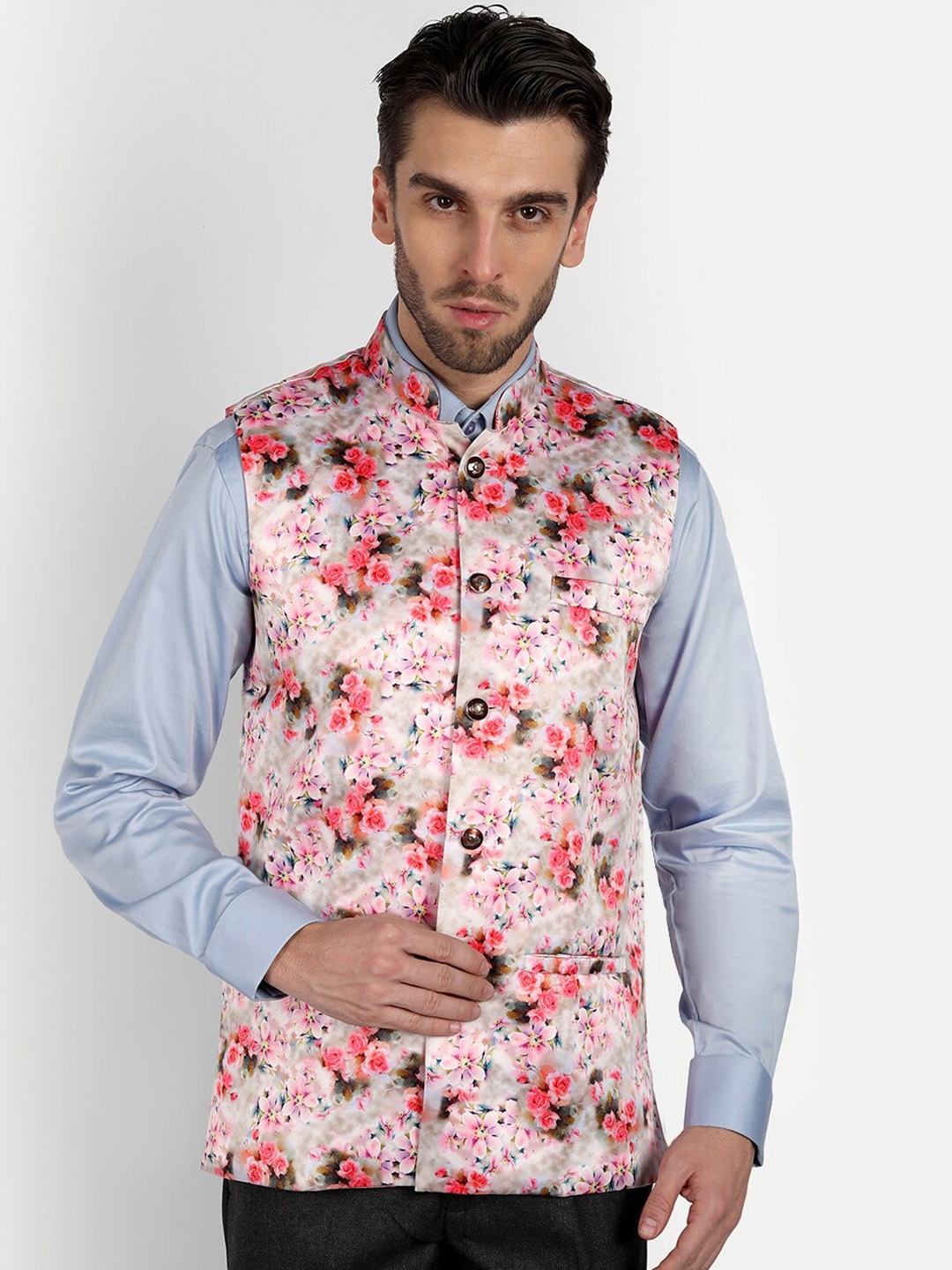 

Vandnam Fabrics Men Floral Printed Nehru Jacket, Pink