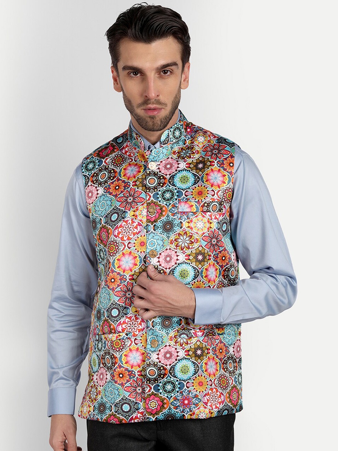 

Vandnam Fabrics Men Floral Printed Nehru Jacket, Blue