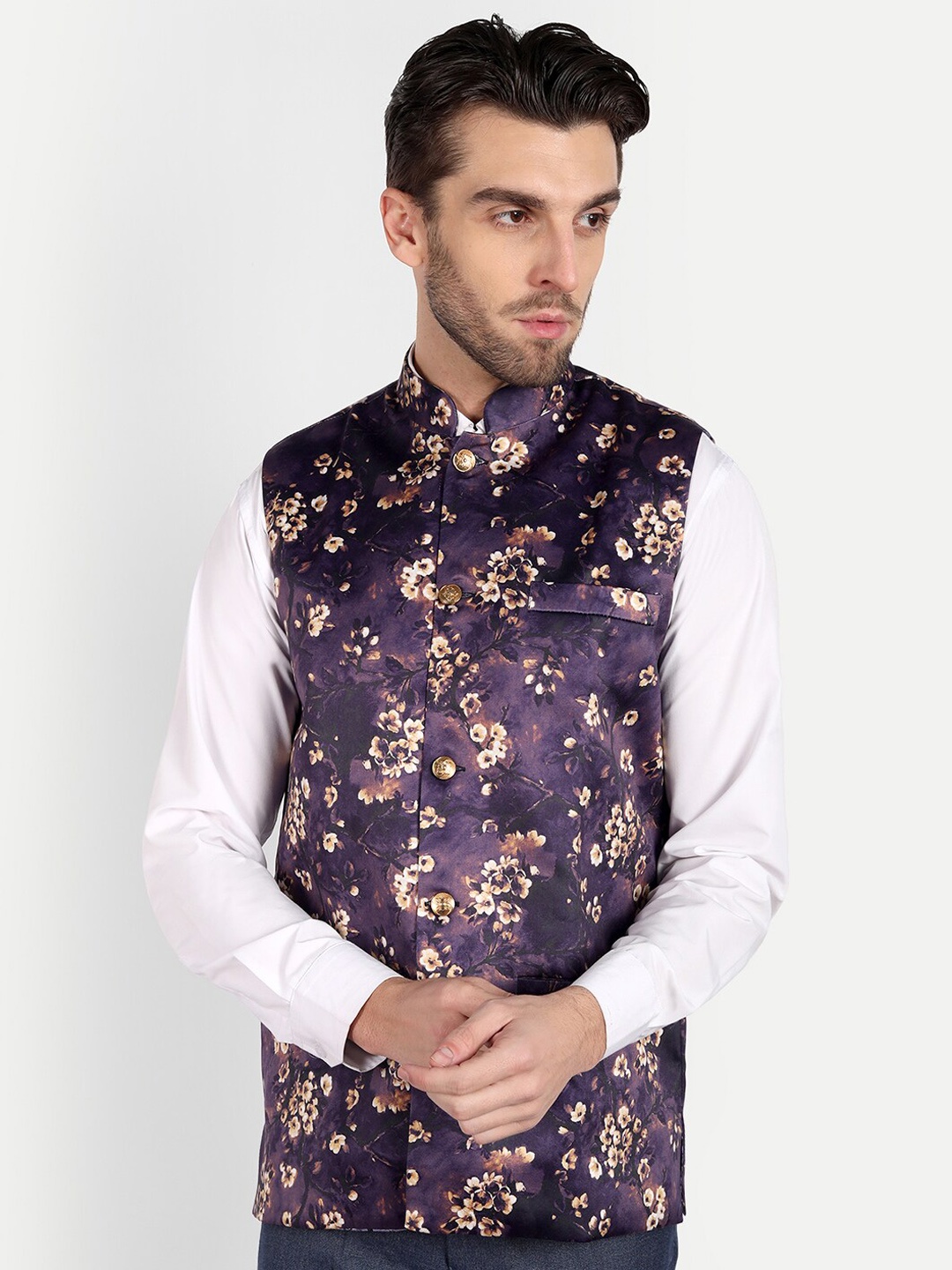 

Vandnam Fabrics Men Floral Printed Nehru Jacket, Purple