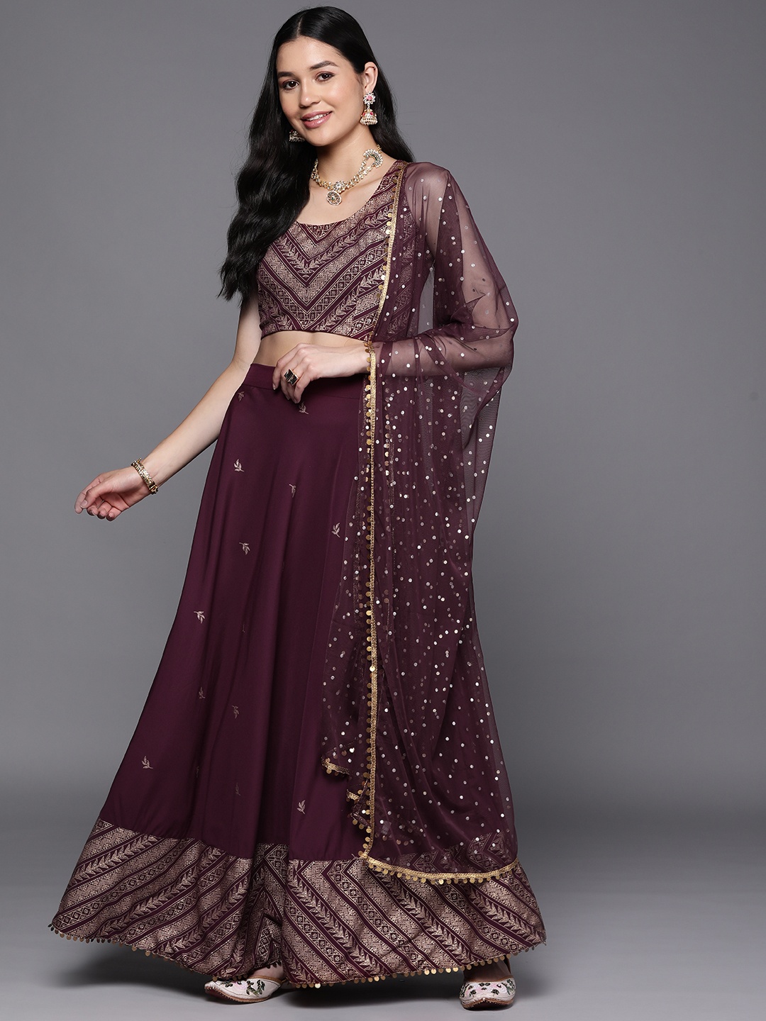 

Ahalyaa Purple & Gold-Toned Printed Sequinned Foil Print Ready to Wear Lehenga & Blouse With Dupatta