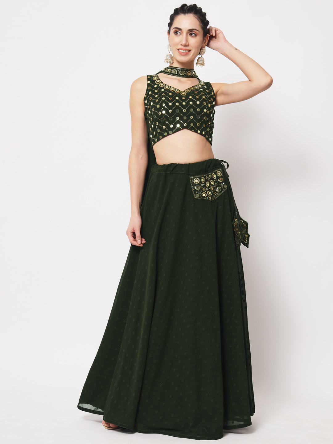 

SHUBHKALA Embellished Mirror Work Semi-Stitched Lehenga & Unstitched Blouse With Dupatta, Olive