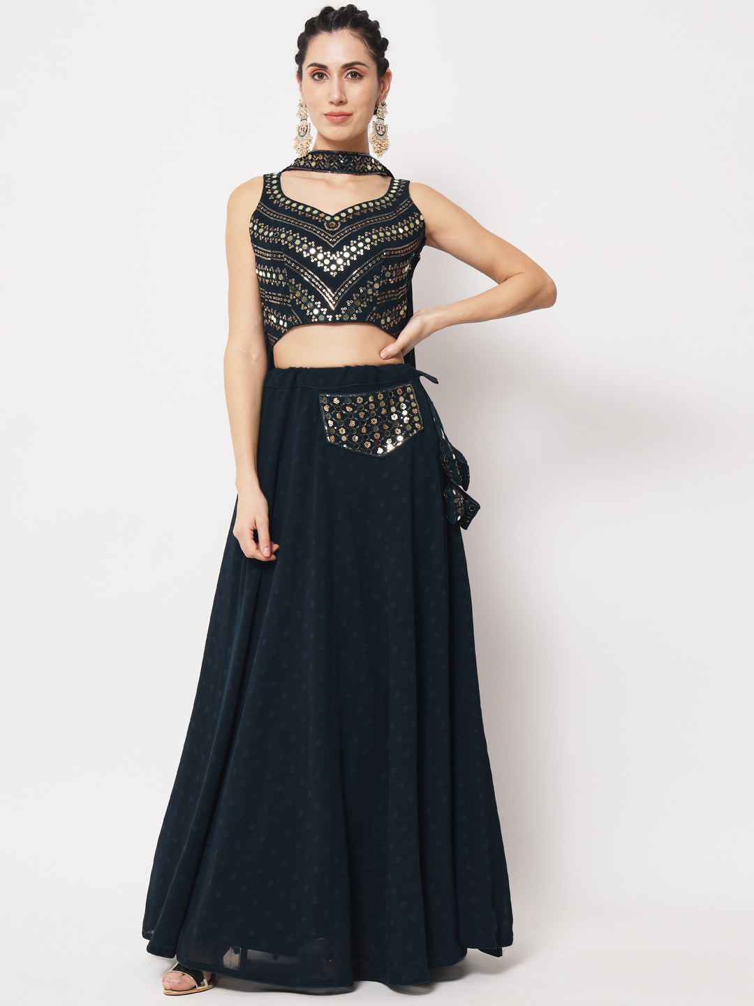 

SHUBHKALA Embroidered Semi-Stitched Lehenga & Unstitched Blouse With Dupatta, Teal