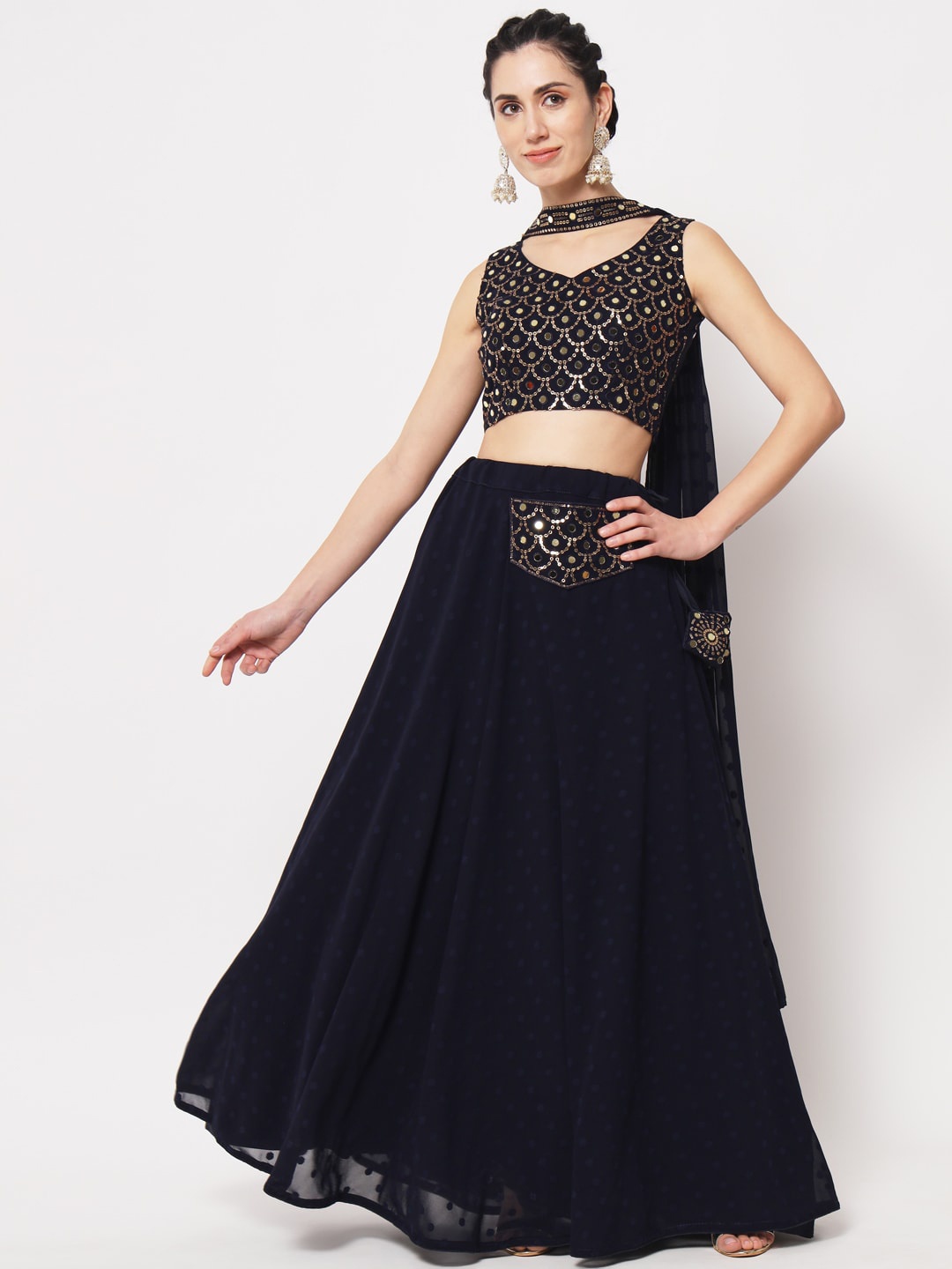

SHUBHKALA Embroidered Semi-Stitched Lehenga & Unstitched Blouse With Dupatta, Navy blue
