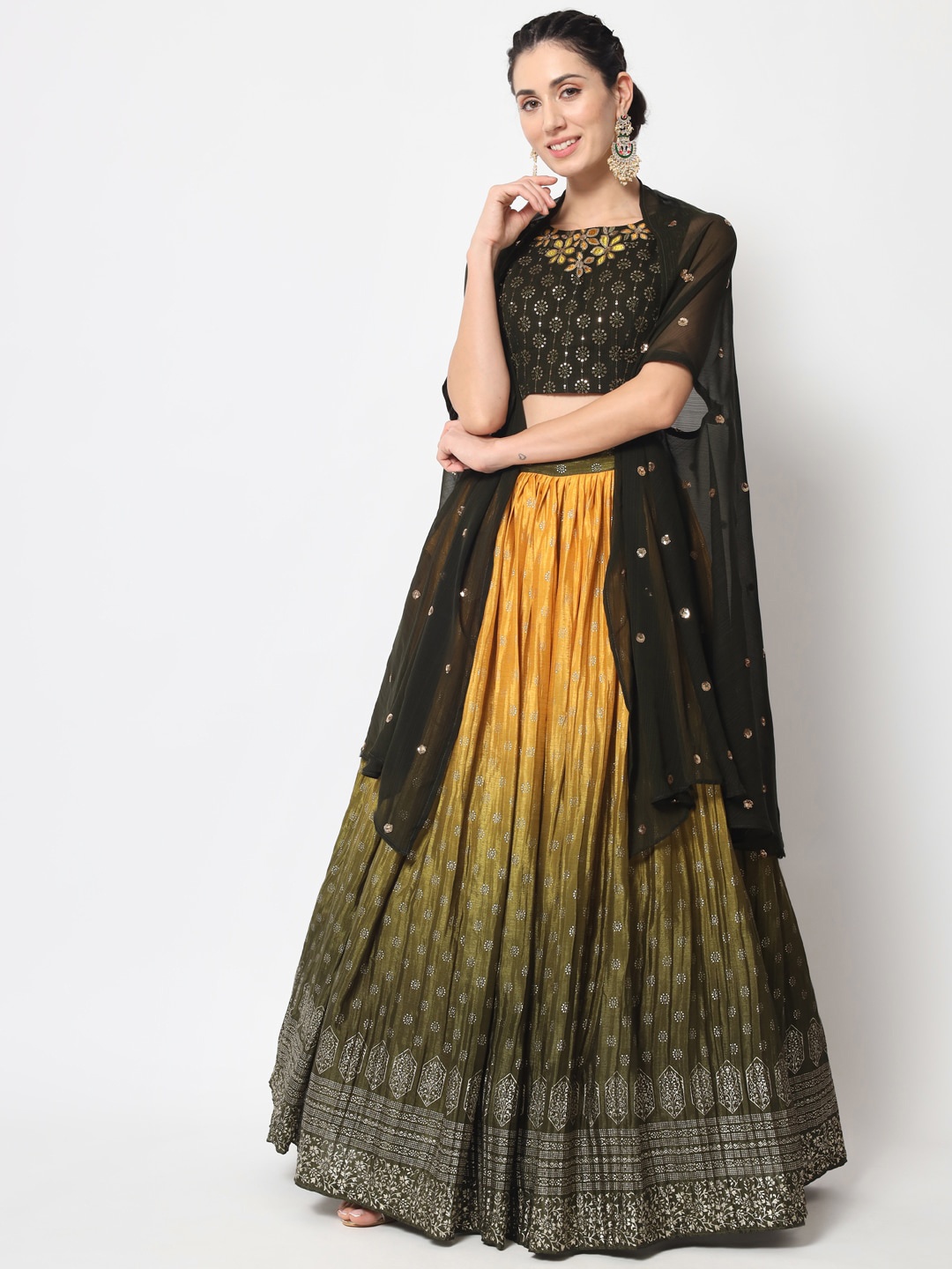 

SHUBHKALA Embroidered Semi-Stitched Lehenga & Unstitched Blouse With Dupatta, Olive