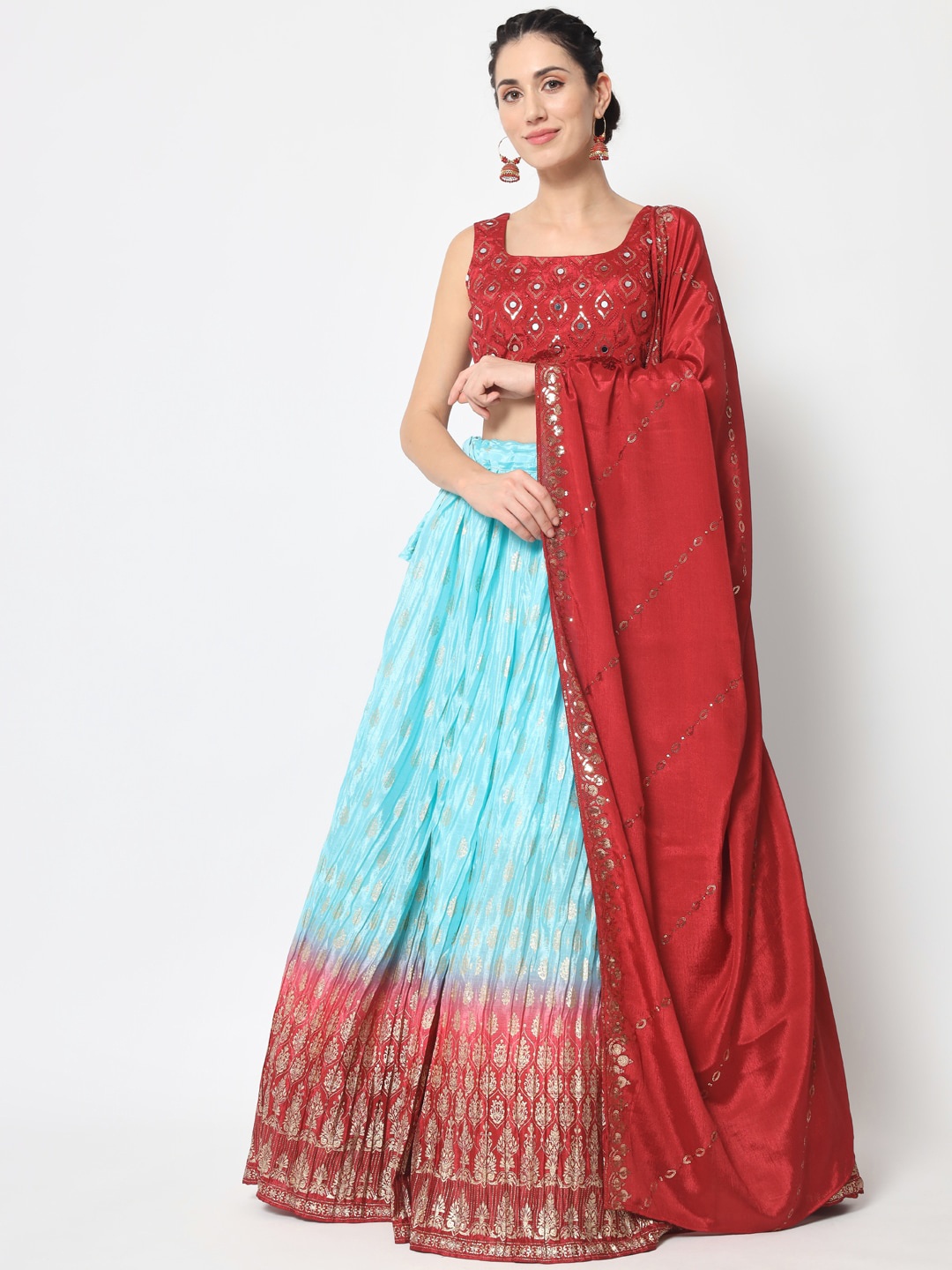 

SHUBHKALA Embroidered Semi-Stitched Lehenga & Unstitched Blouse With Dupatta, Red