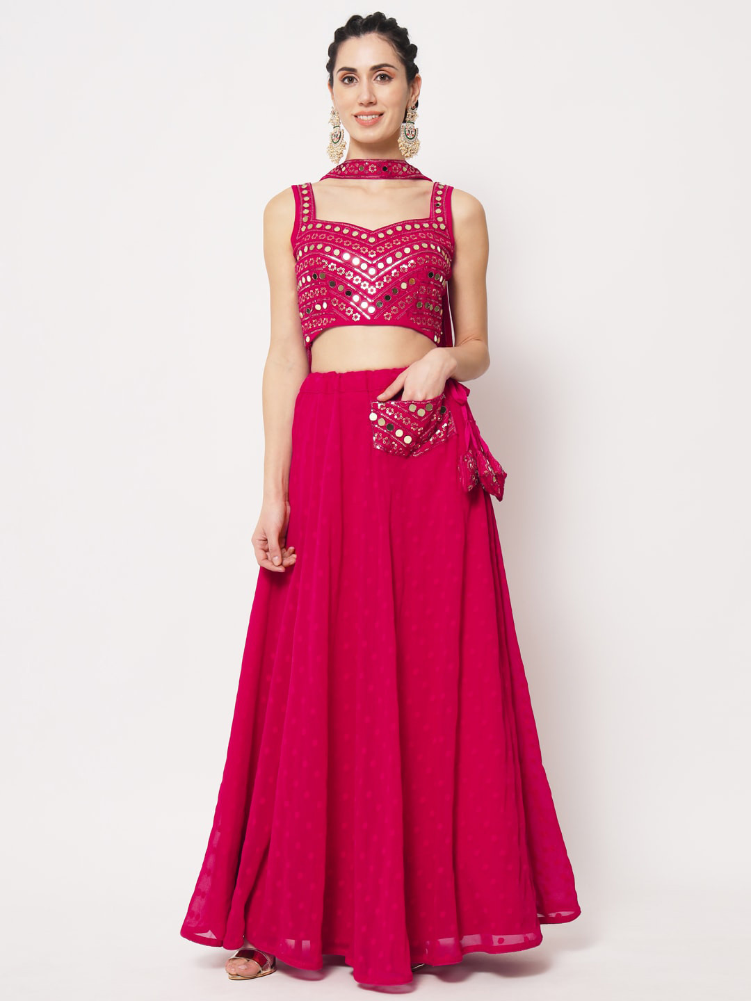 

SHUBHKALA Embellished Mirror Work Semi-Stitched Lehenga & Unstitched Blouse With Dupatta, Pink