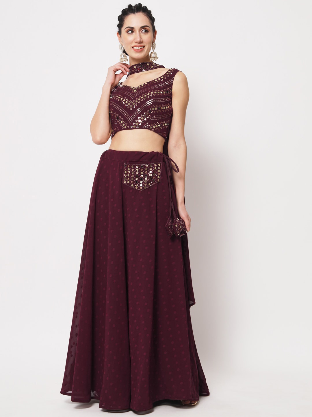 

SHUBHKALA Embellished Mirror Work Semi-Stitched Lehenga & Unstitched Blouse With Dupatta, Maroon
