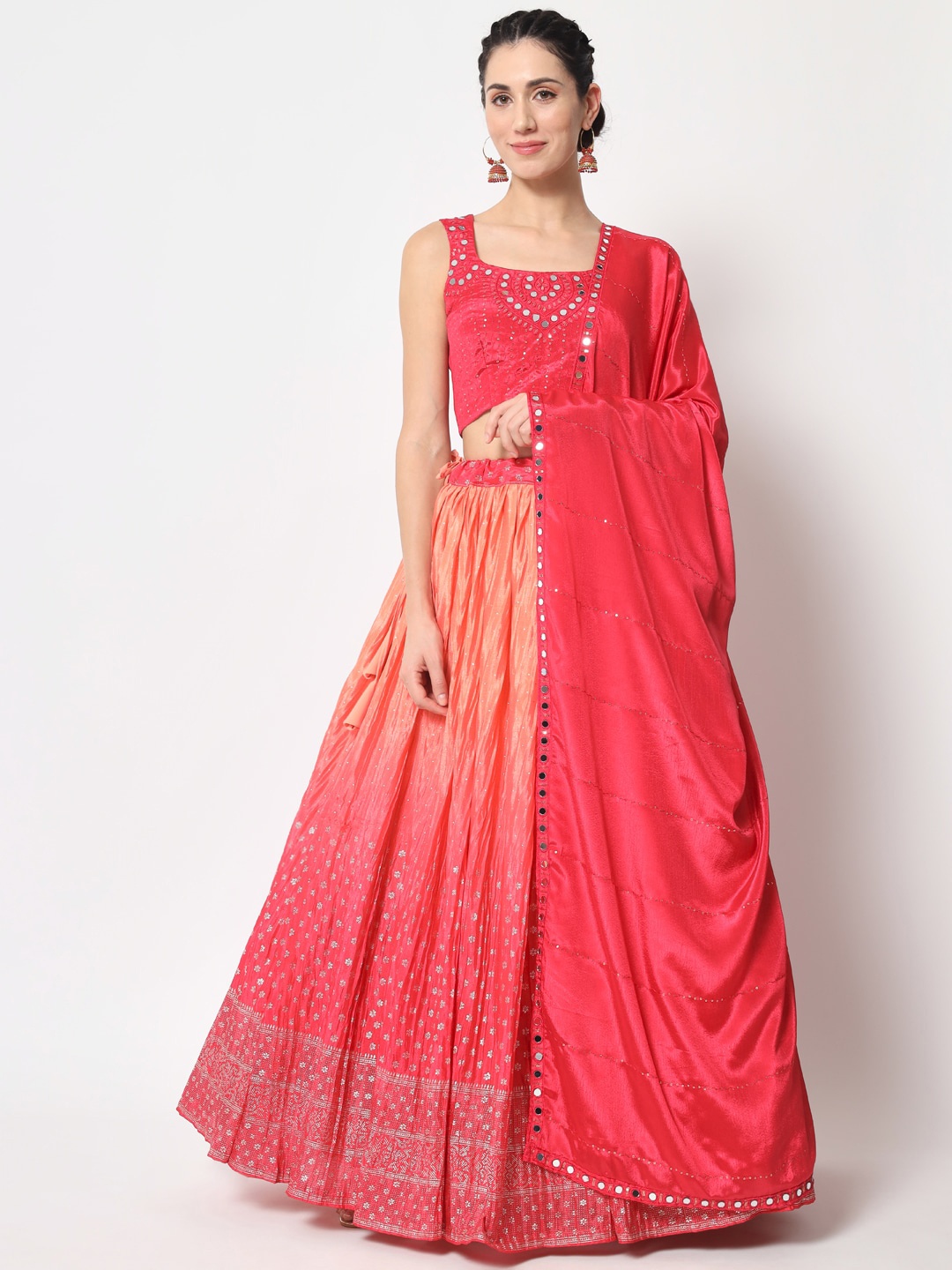 

SHUBHKALA Mirror Work Semi-Stitched Lehenga & Unstitched Blouse With Dupatta, Pink