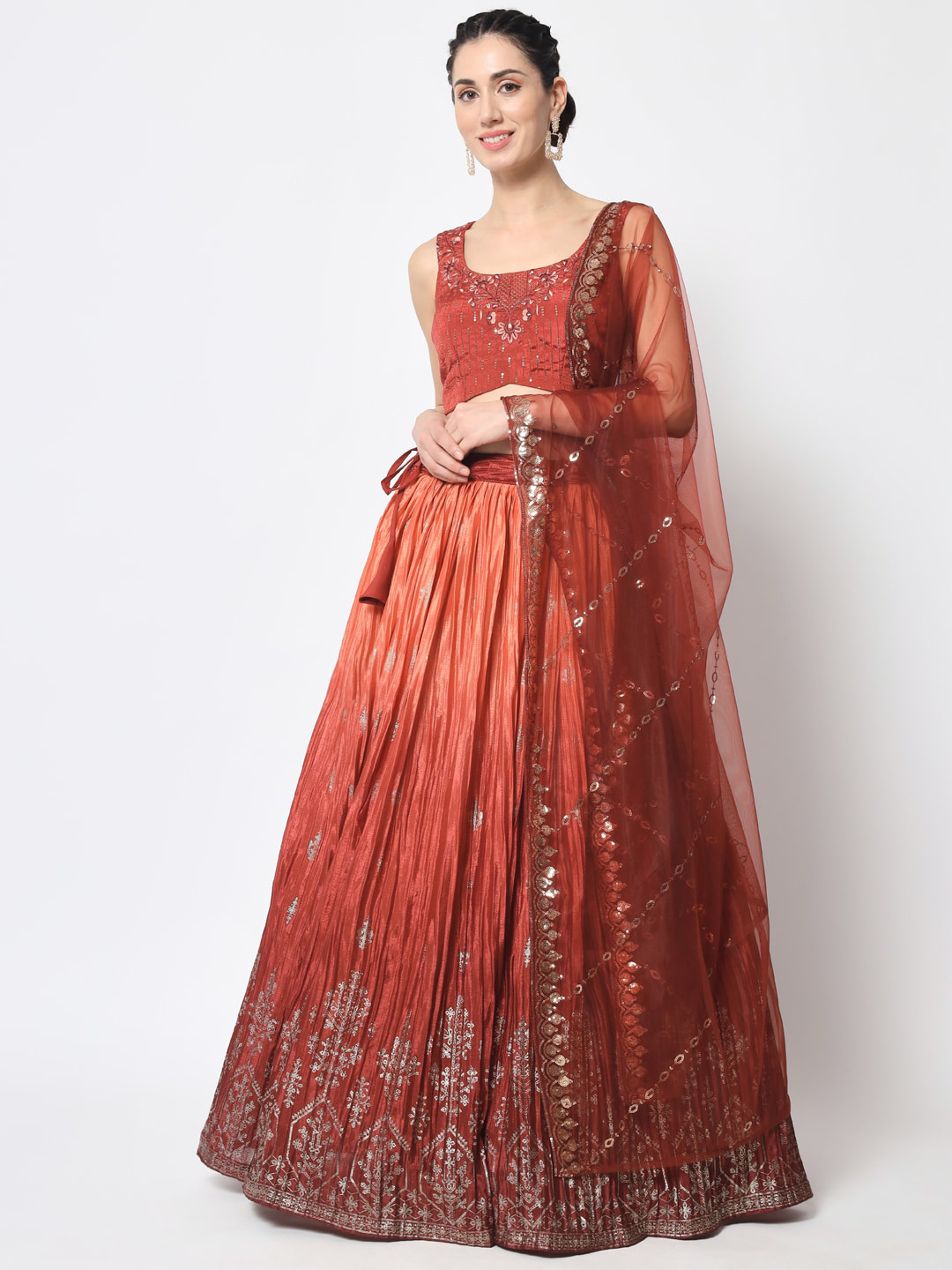 

SHUBHKALA Embellished Mirror Work Semi-Stitched Lehenga & Unstitched Blouse With Dupatta, Rust