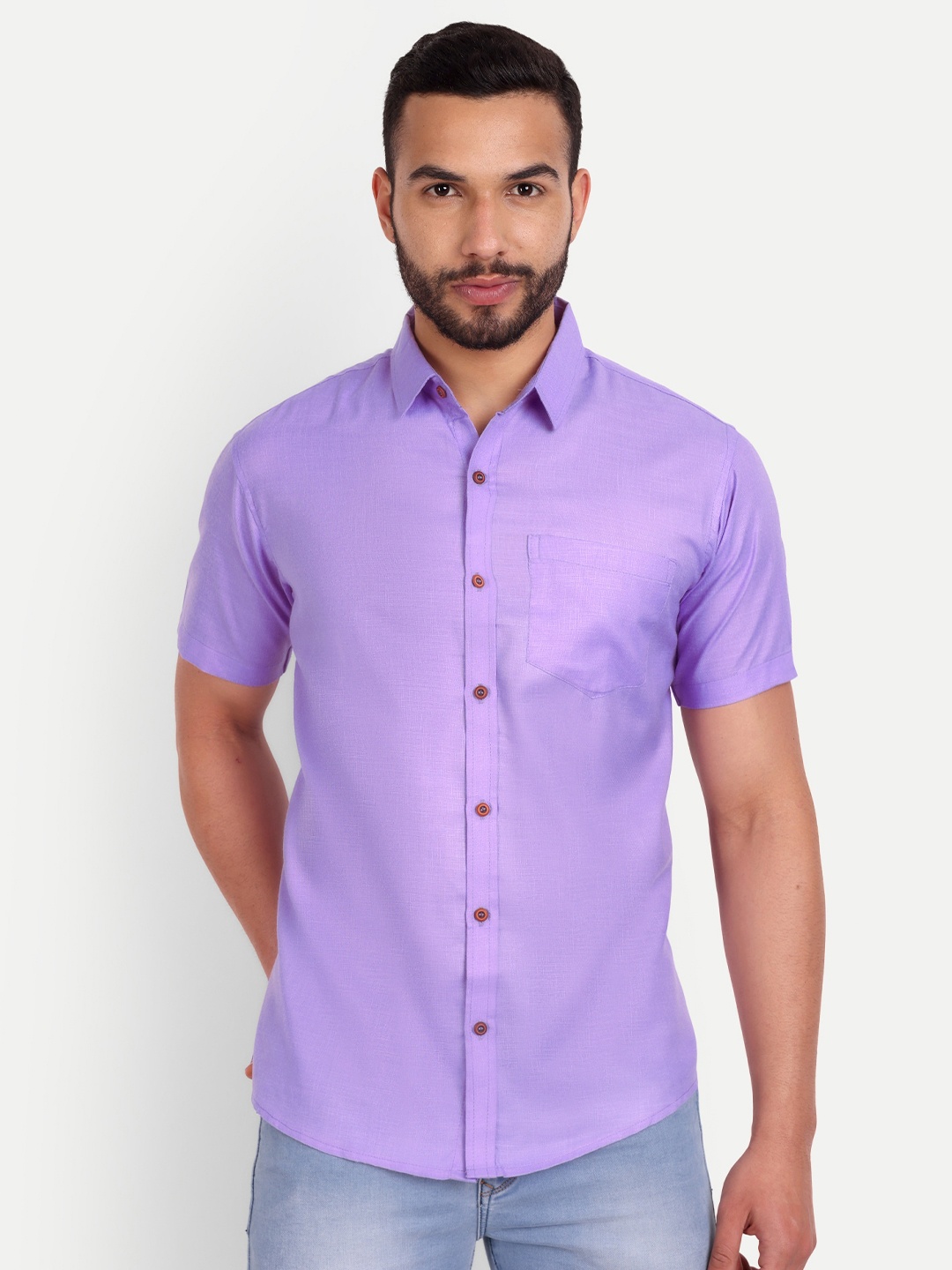 

SHIRA 24 Men Spread Collar Standard Cotton Linen Casual Shirt, Purple