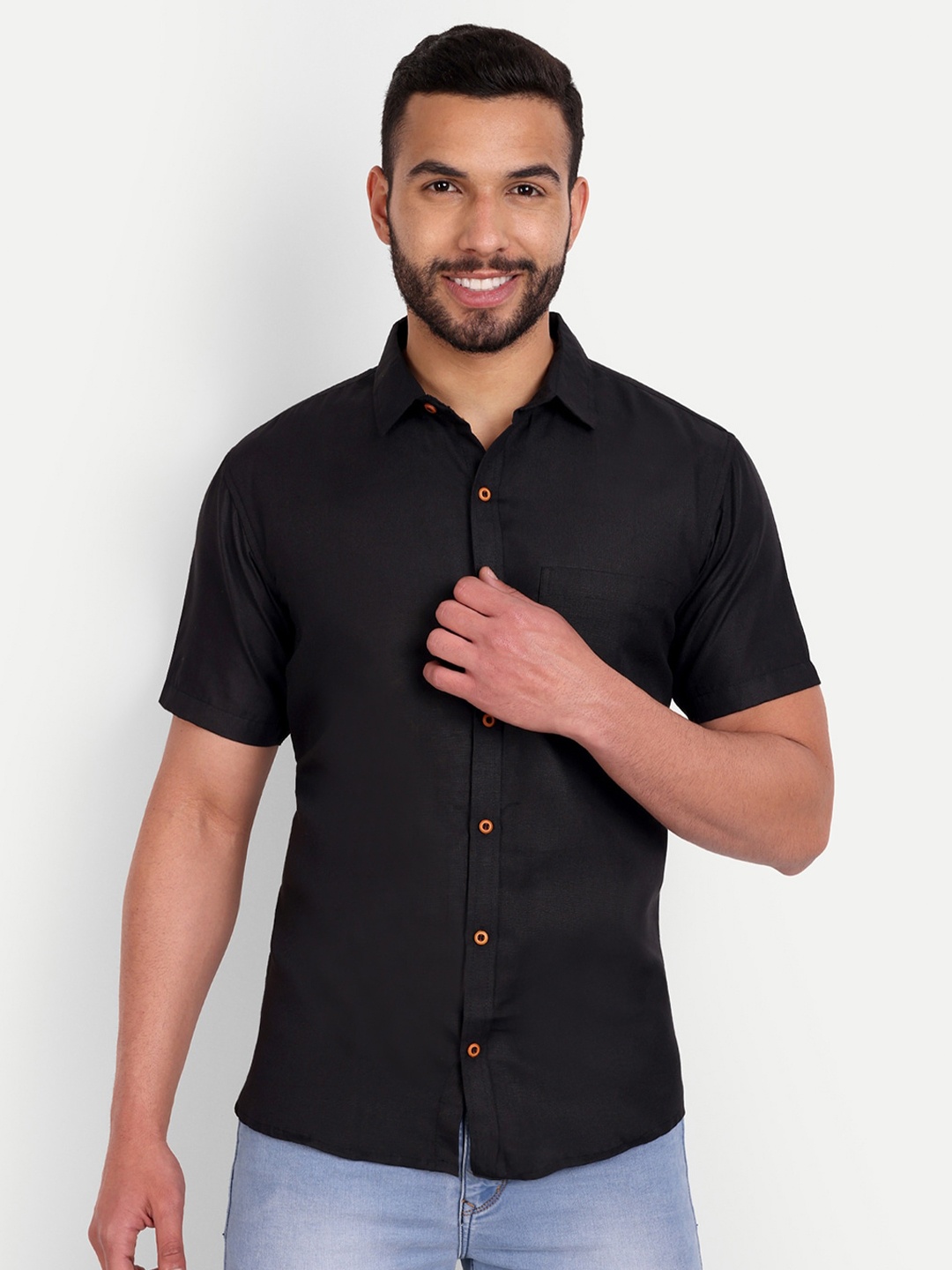 

SHIRA 24 Men Spread Collar Standard Cotton Linen Casual Shirt, Black