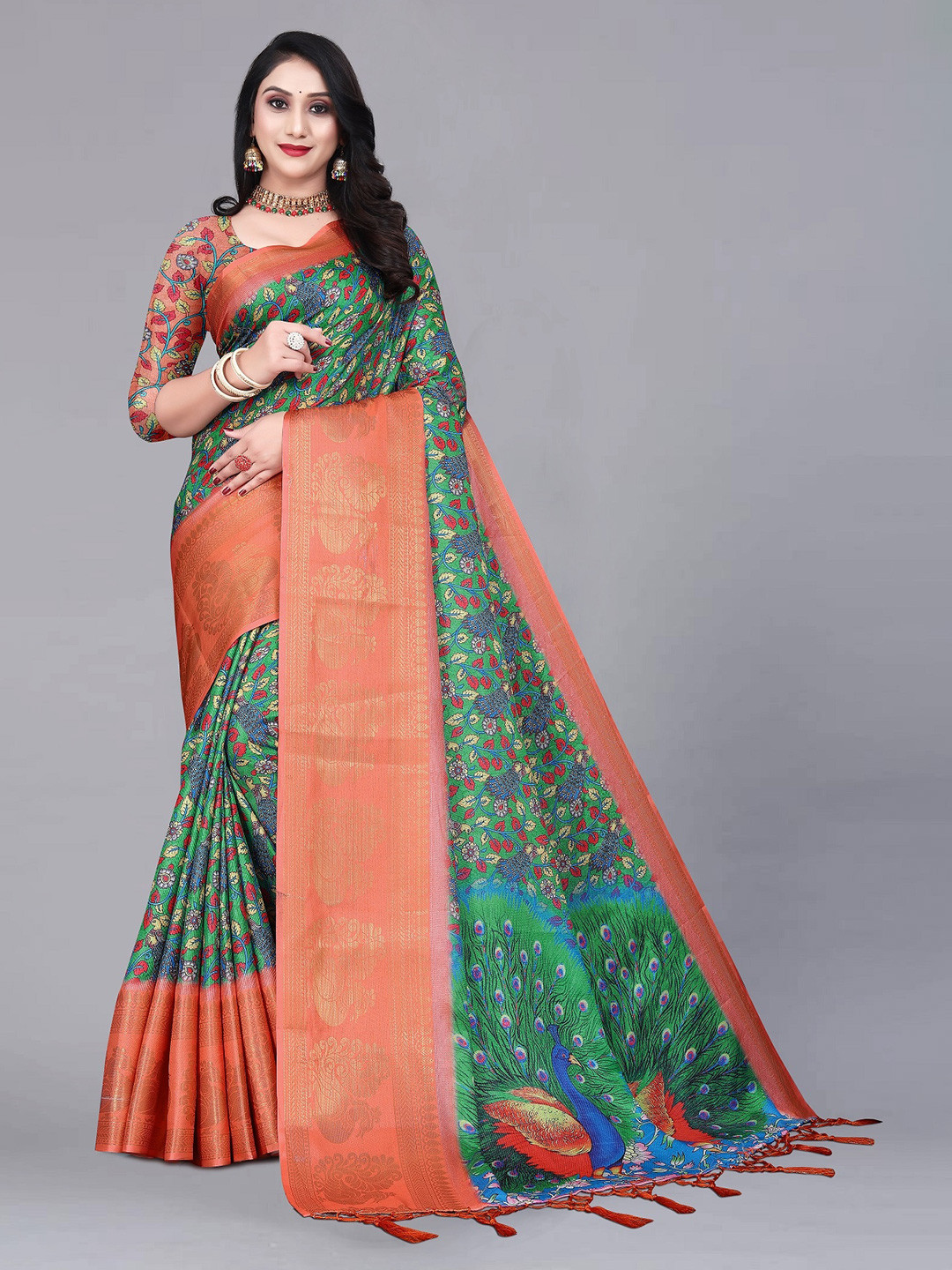 

ZIKARAA Kalamkari Pure Silk Banarasi Saree, Green