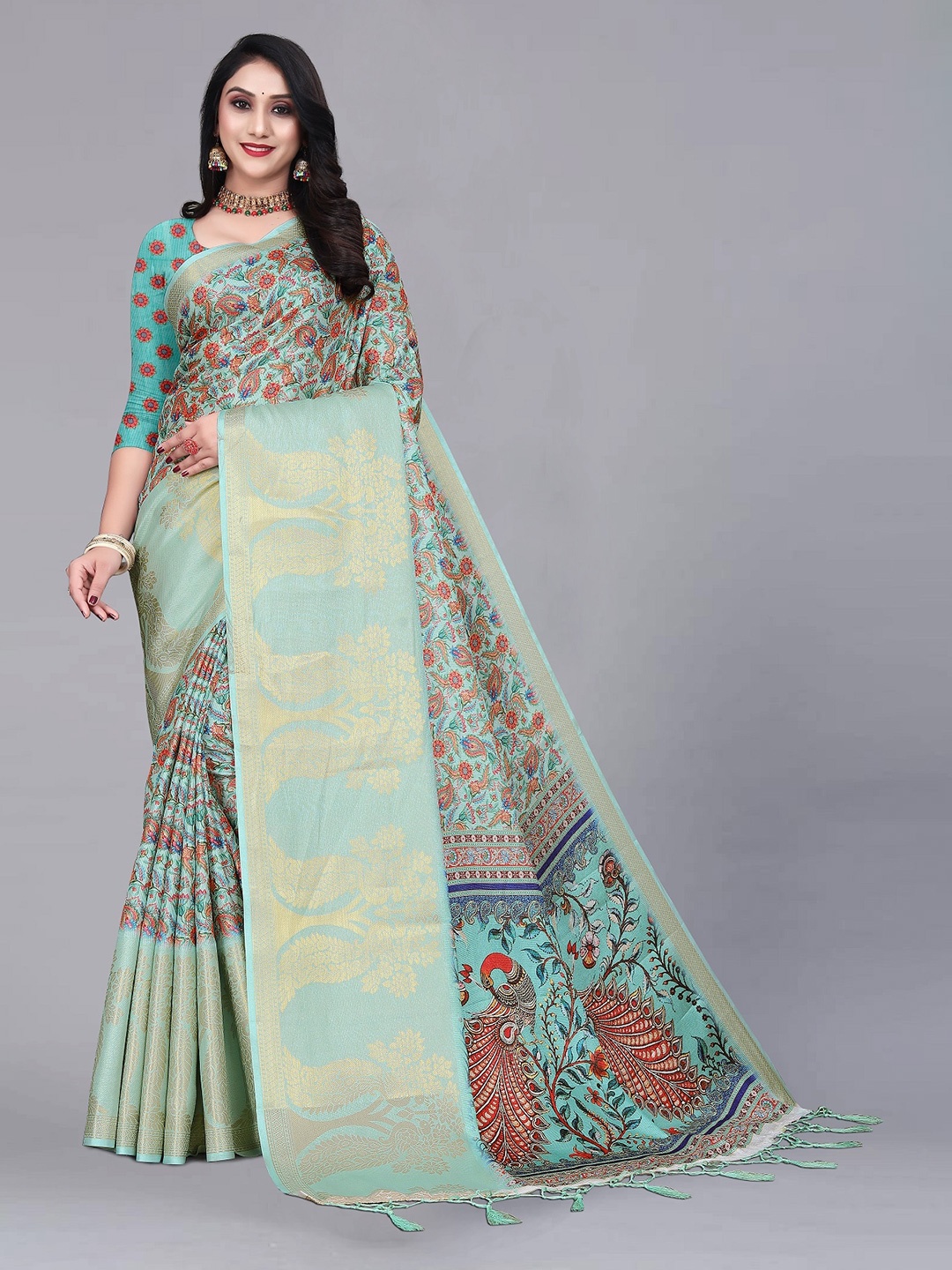 

ZIKARAA Floral Printed Zari Pure Silk Banarasi Saree, Blue