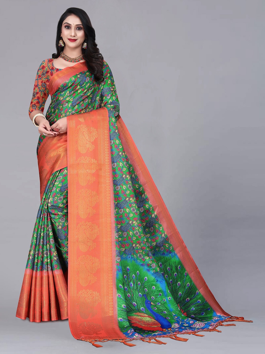 

ZIKARAA Green & Orange Kalamkari Zari Pure Silk Banarasi Saree