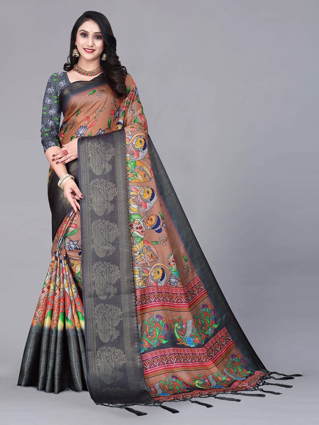 

ZIKARAA Kalamkari Zari Pure Silk Banarasi Saree, Pink