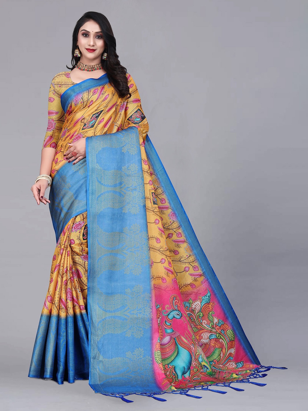 

ZIKARAA Kalamkari Zari Pure Silk Banarasi Saree, Blue