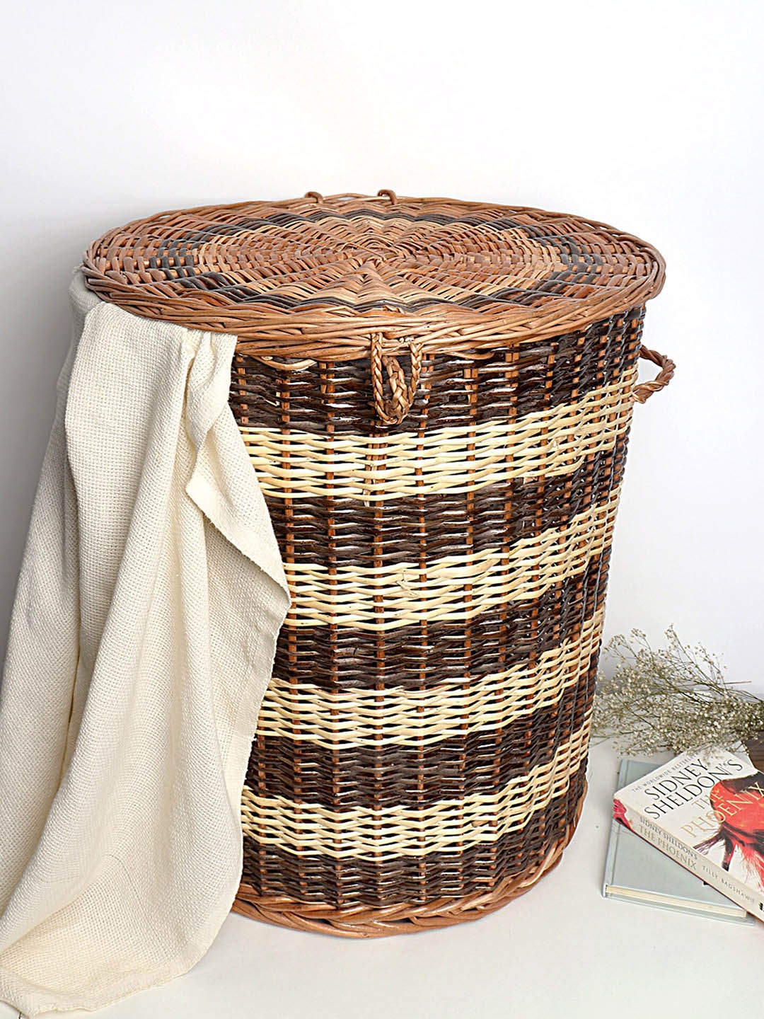 

HABERE INDIA Black & Beige Woven Design Bamboo Laundry Storage Basket