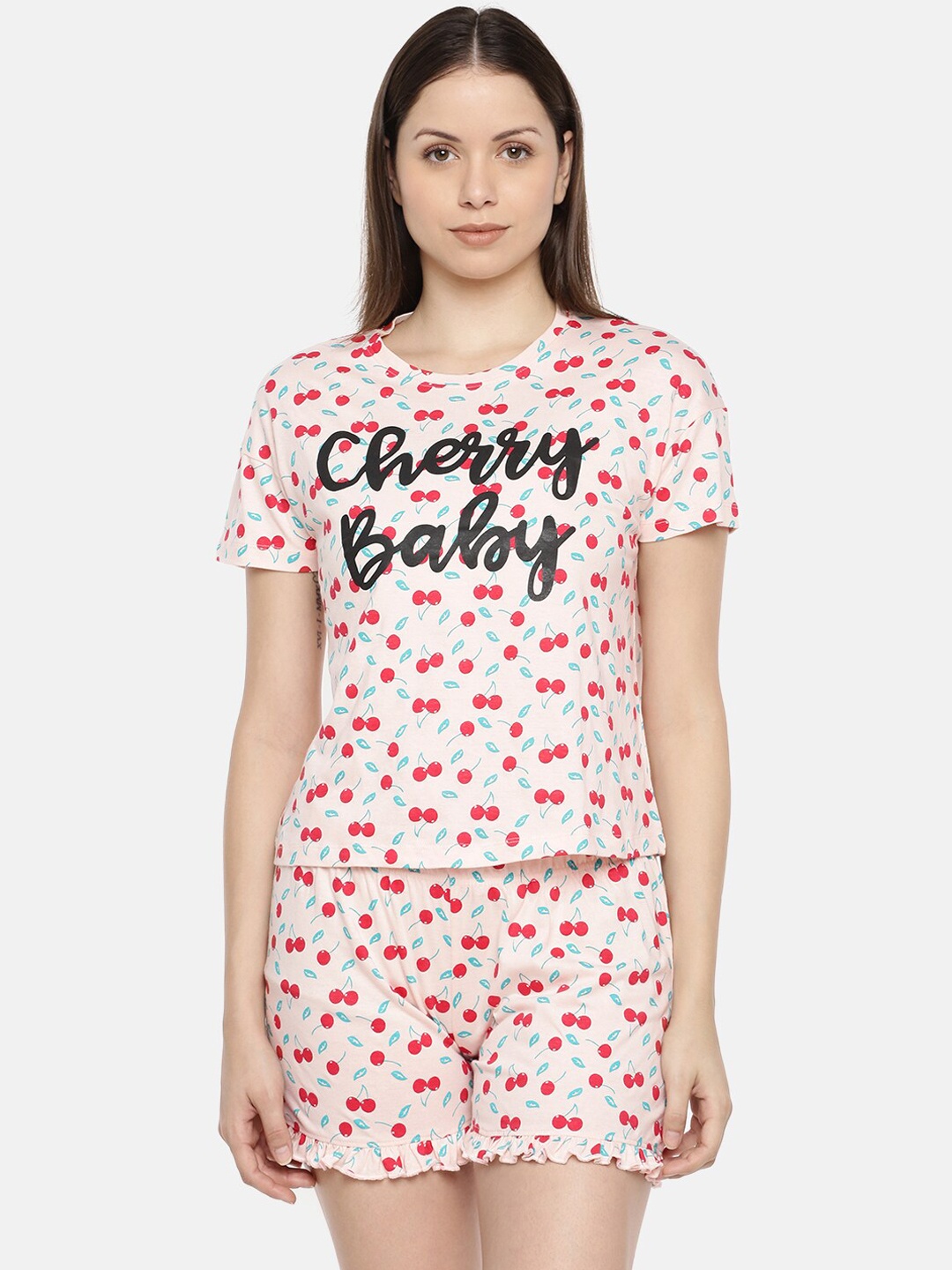 

Slumber Jill Women Printed Pure Cotton Night suit, Pink