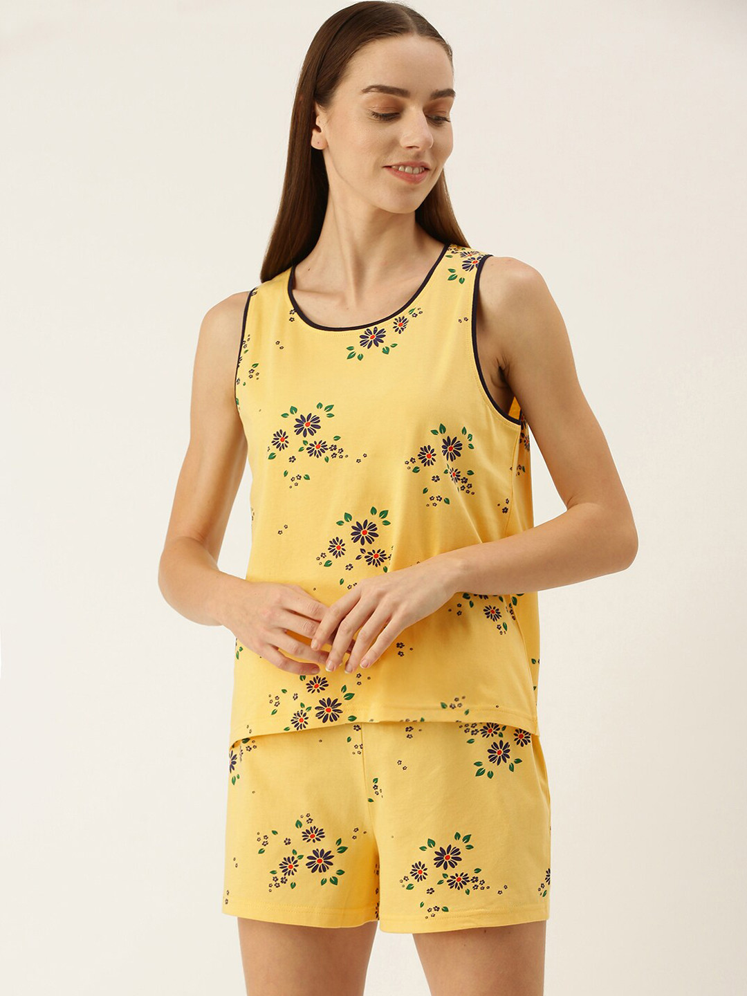 

Slumber Jill Women Floral Printed Pure Cotton Night suit, Yellow