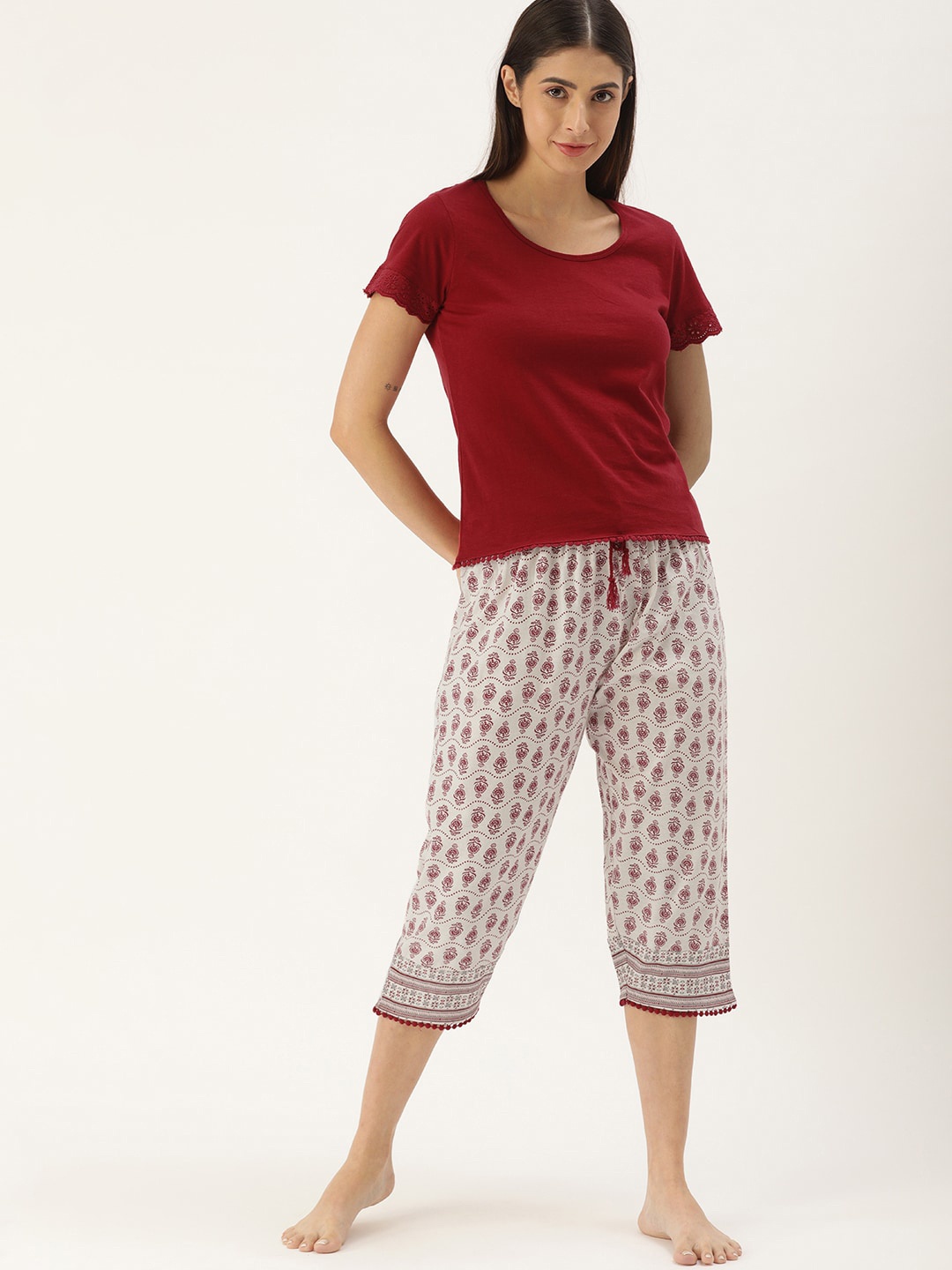 

Slumber Jill Women Printed Pure Cotton Night suit, Maroon