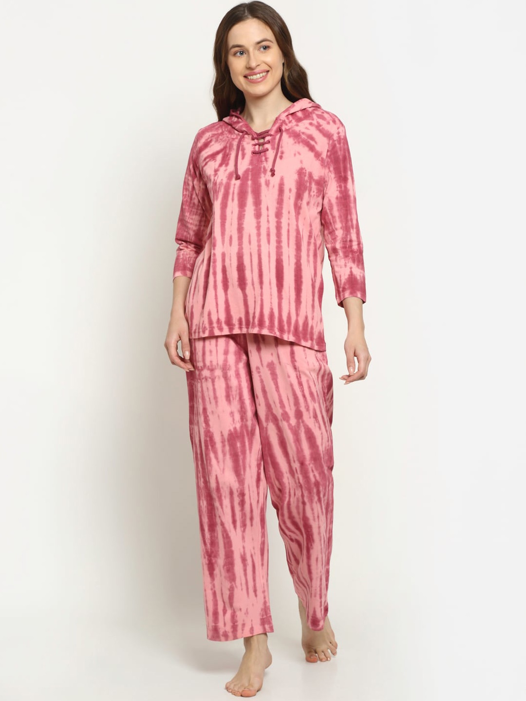 

Slumber Jill Women Tie & Dye Hooded Night suit, Pink
