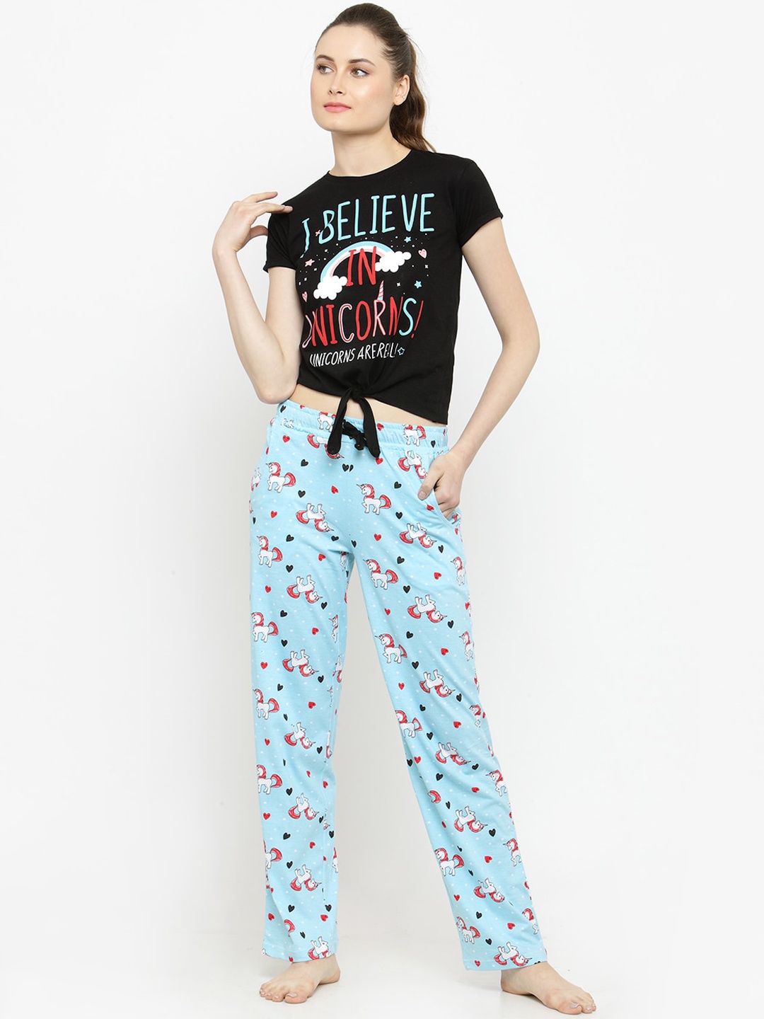 

Slumber Jill Women Printed Pure Cotton Night suit, Black