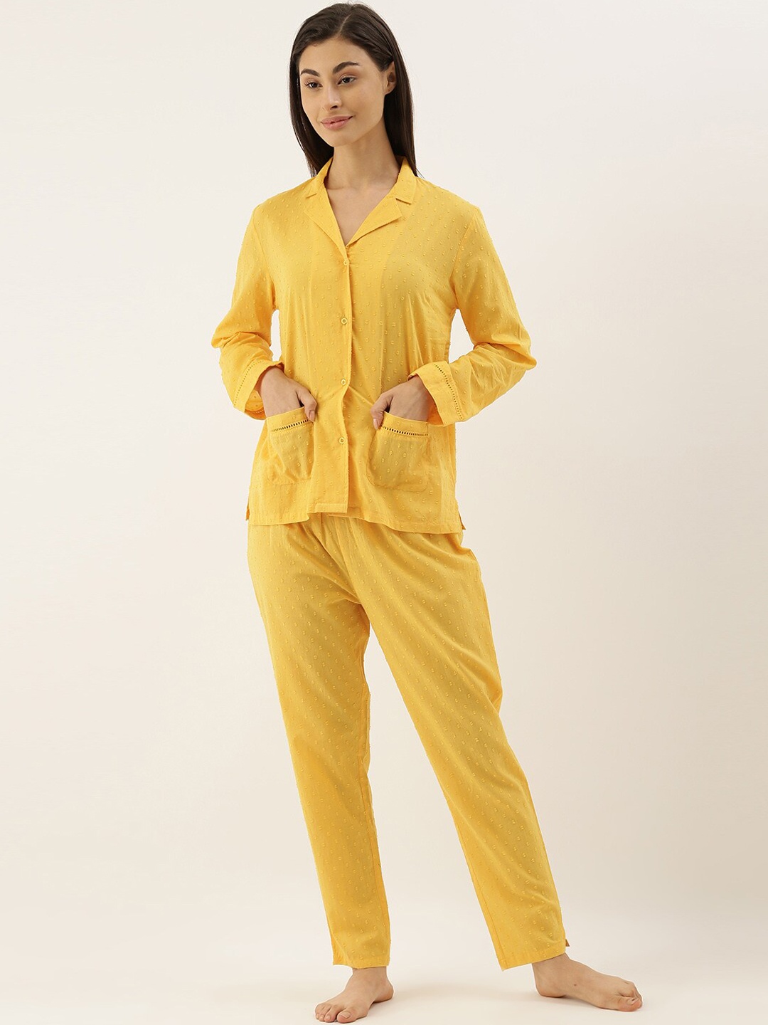 

Slumber Jill Women Self Design Pure Cotton Night suit, Mustard