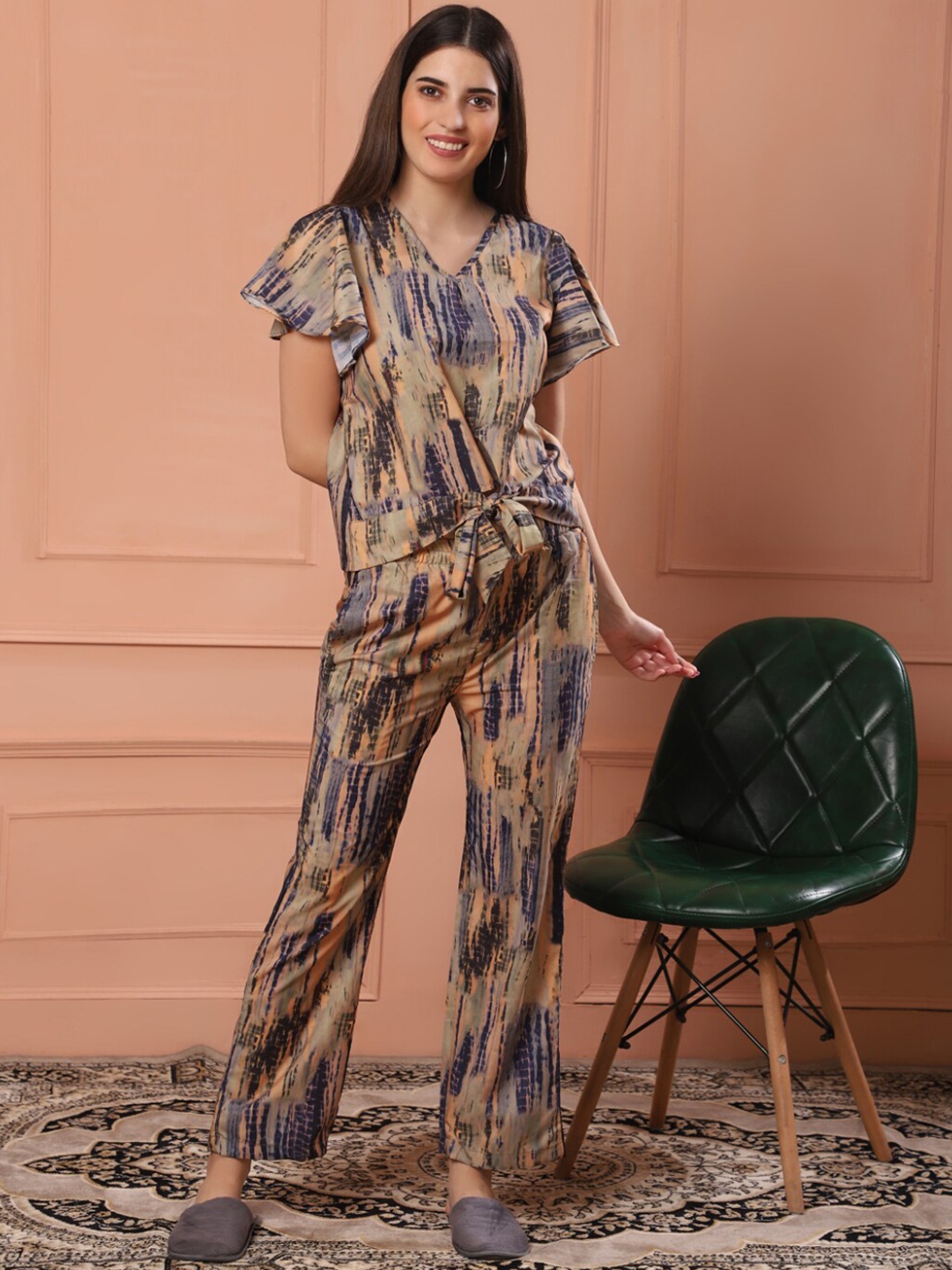 

WESTHOOD Women Printed Night suit, Beige