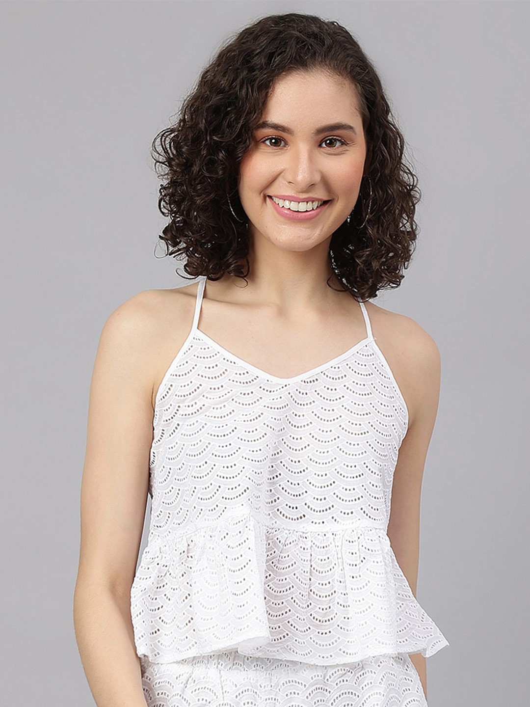 

I Love She Self Design Schiffli Peplum Crop Top, White