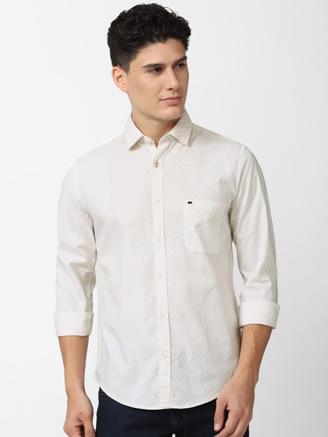 

Peter England Casuals Men Slim Fit Printed Casual Cotton Shirt, Cream