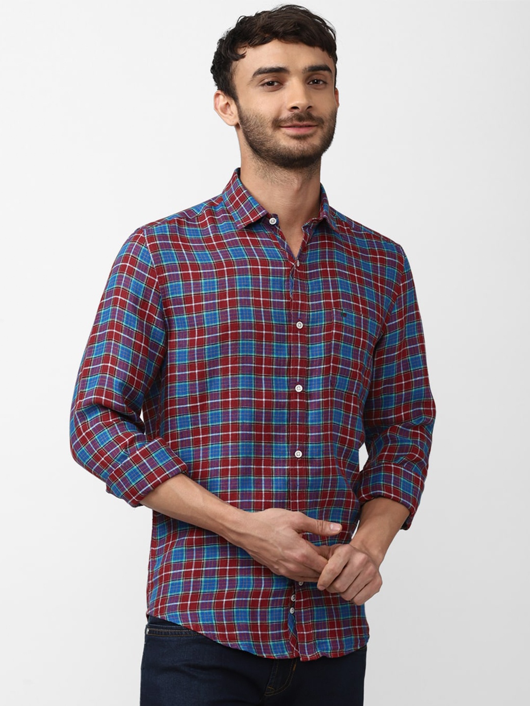 

Peter England Casuals Men Checked Slim Fit Casual Shirt, Maroon