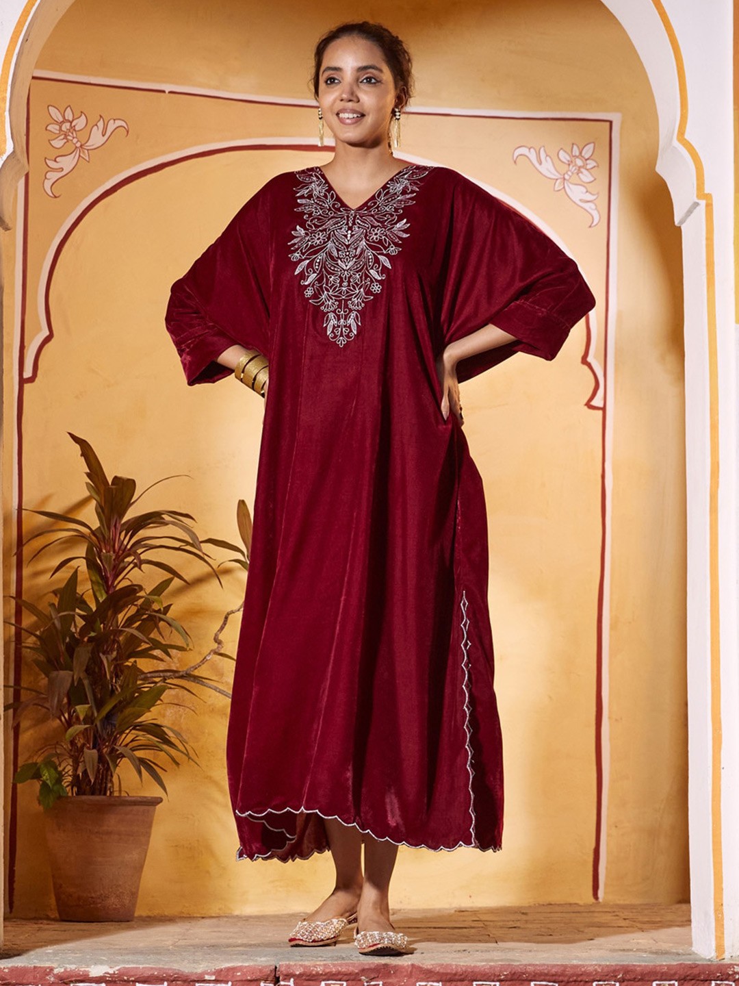 

Rustorange Floral Embroidered Kaftan Midi Dress, Maroon