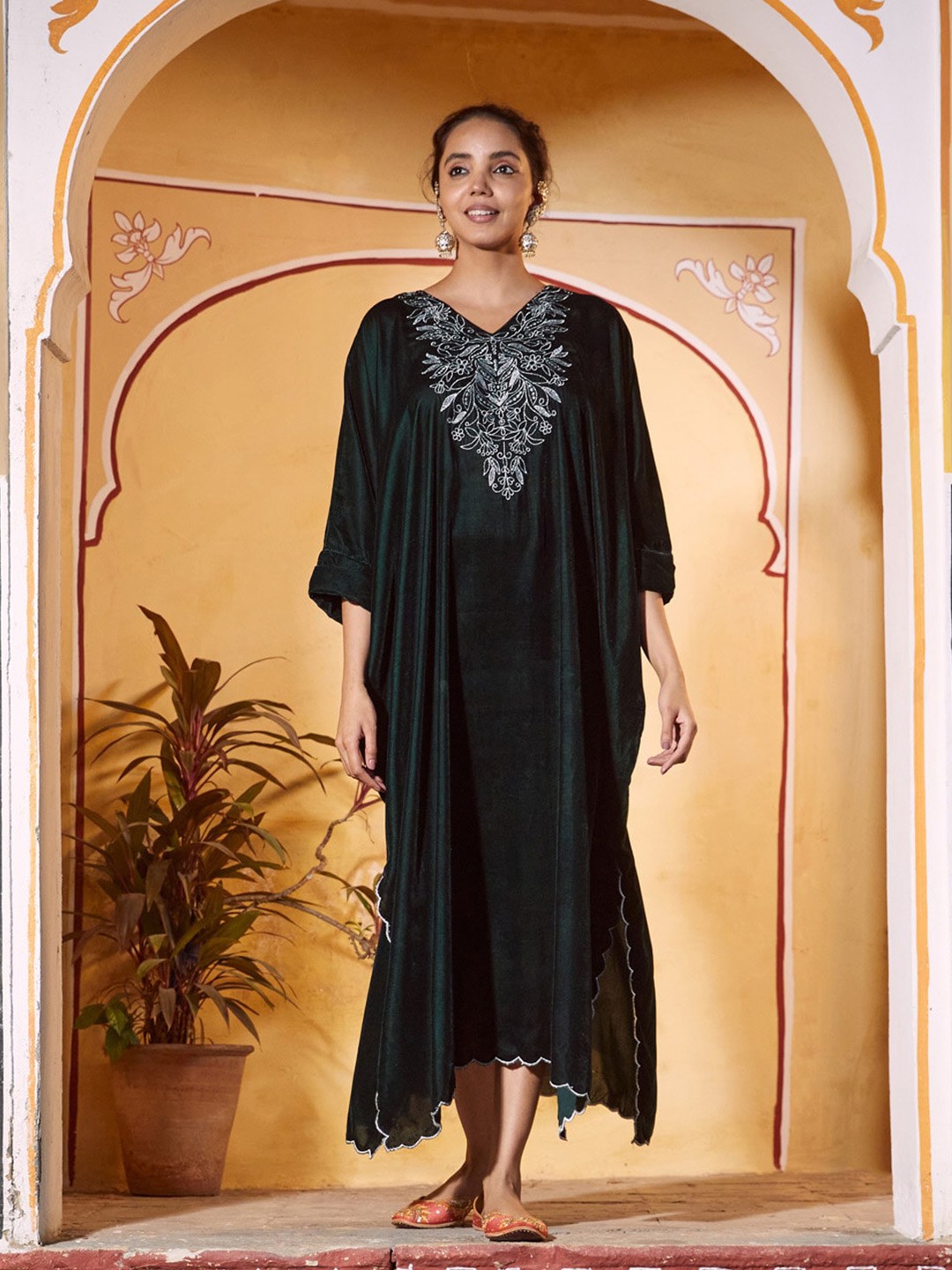 

Rustorange Floral Velvet Kaftan Dress, Green