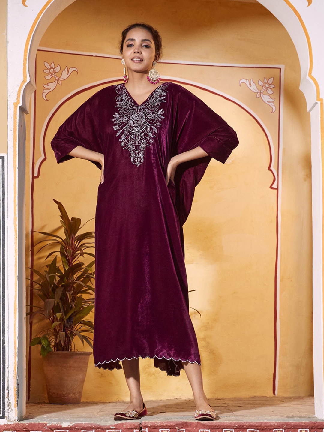 

Rustorange Floral Embroidered Velvet Ethnic Maxi Ethnic Dress, Magenta