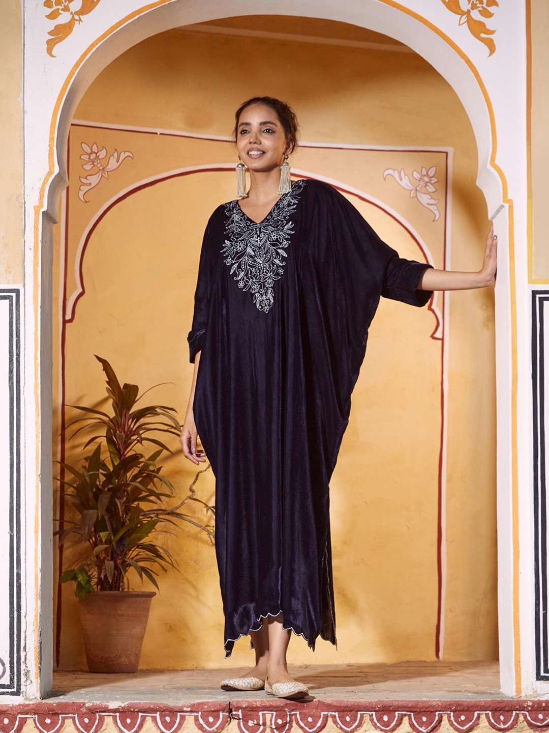

Rustorange Floral Embroidered Velvet Maxi Dress, Blue