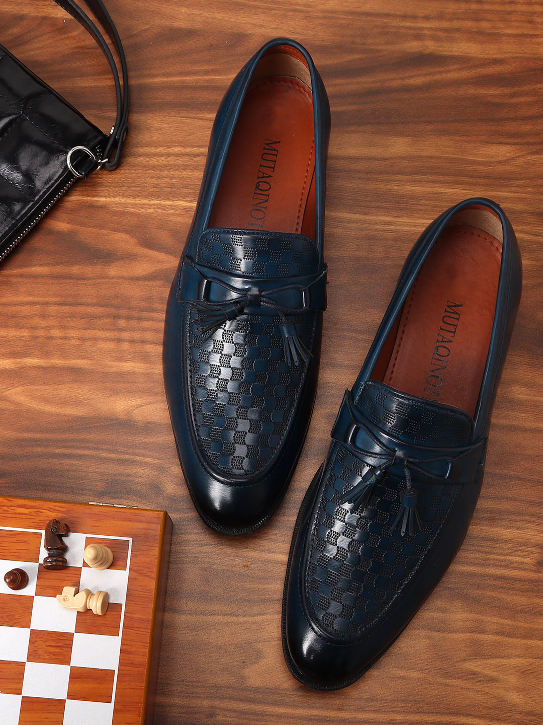 

MUTAQINOTI Men Textured Leather Formal Loafers, Blue