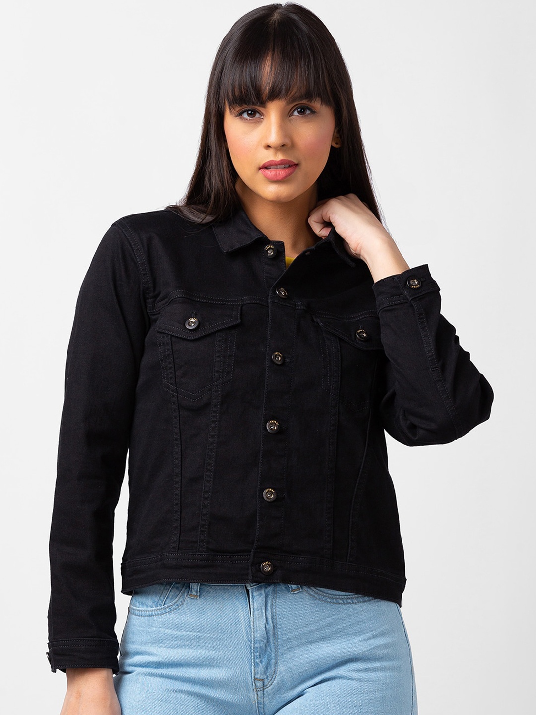 

SPYKAR Women Spread Collar Regular Fit Denim Jacket, Black