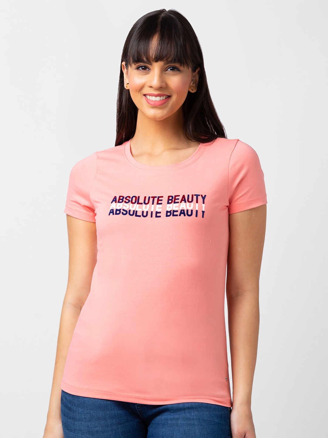 

SPYKAR Women Typography Printed Cotton T-shirt, Peach