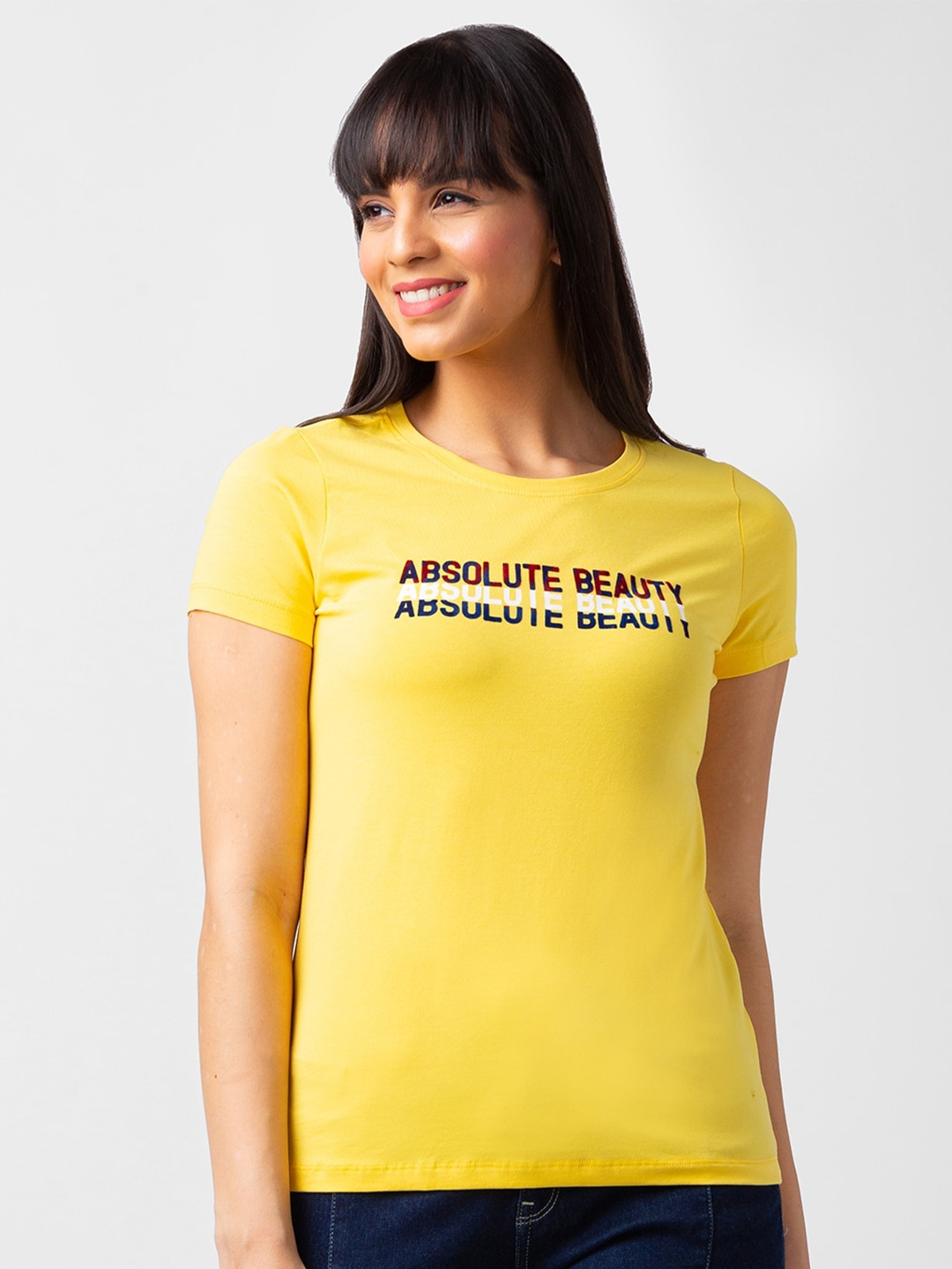 

SPYKAR Women Printed Cotton T-shirt, Yellow
