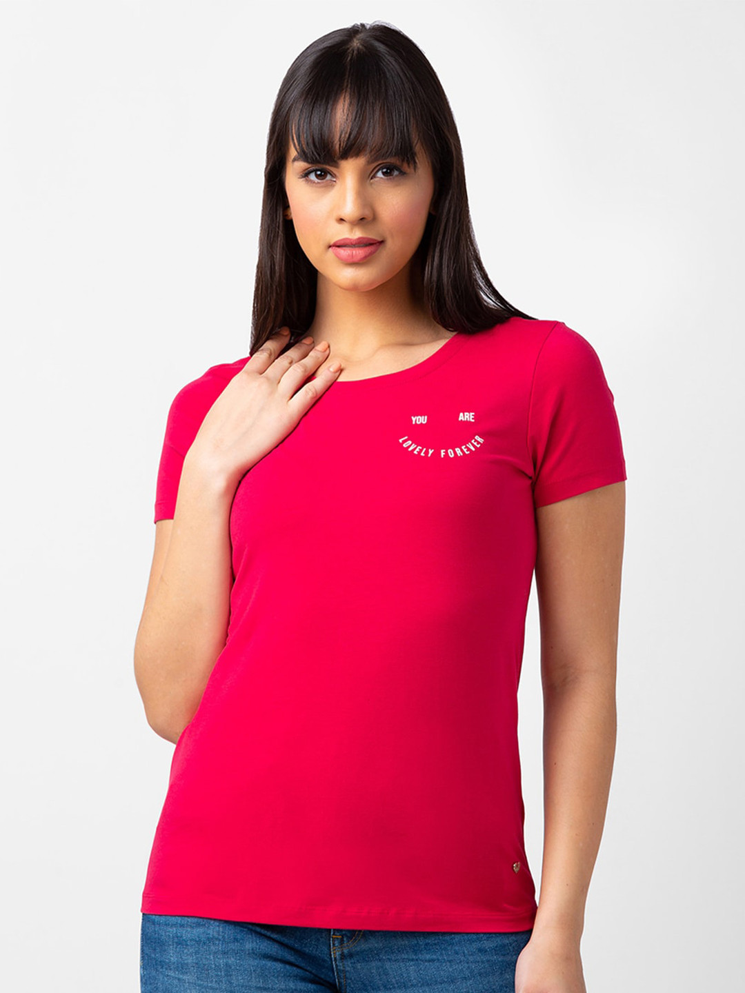 

SPYKAR Women Round Neck Cotton T-shirt, Pink